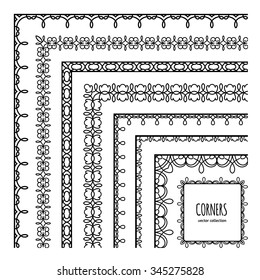 Set of lace corners, simple vector borders, embroidery ornaments on white