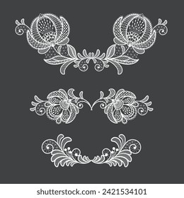 Set of lace decoration element.White lace flowers.Vector handmade white lace branches with flowers. 