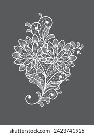 Set of lace decoration element.White lace flowers.Vector handmade white lace branches with flowers. 