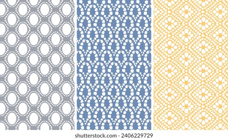 Set of lace fabric with three different colors and patterns.