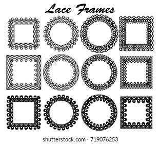 Set of lace frames of different shapes. Black vintage elements isolated on white background. Vector illustration.