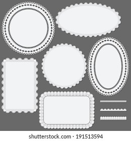 Set of lace frames napkins and ribbons. Vector illustration.