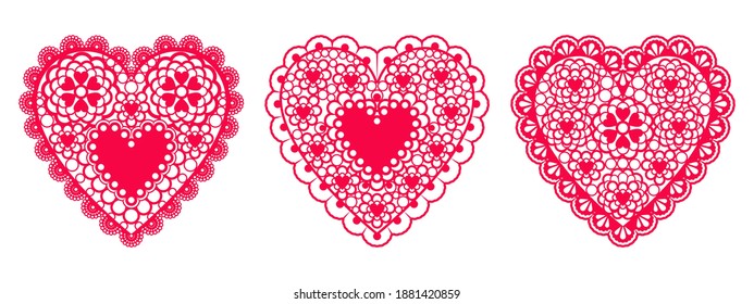 Set of lace hearts from paper for design element wedding or Valentine's Day cards, invitations, etc. Vector flat design isolated on white background.