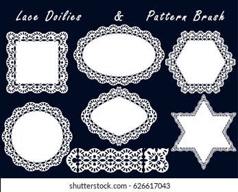 Set of lace napkins and pattern brush. For scrapbook, templates design baby shower, cards and invitations. Vector illustration.