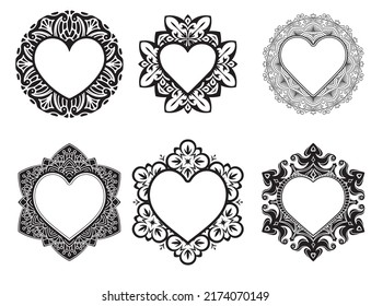 Set of lace ornament, ornamental geometric doily pattern with heart