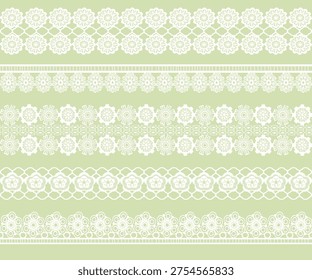 Set of lace pattern brushes. Tracery ribbons isolated on a green background. Elements for decor scrapbooking wedding invitations and cards.