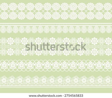 Set of lace pattern brushes. Tracery ribbons isolated on a green background. Elements for decor scrapbooking wedding invitations and cards.