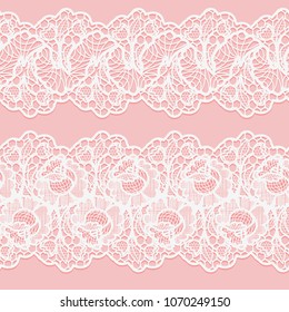 Set of lace seamless borders. White floral ribbons on pink background. Openwork element for design. Vector illustration