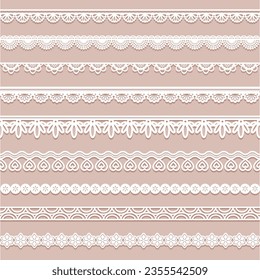 Set of lace strips edging. Cute white seamless repeating textile borders, laces fabric tapes. Editable vector file, ribbons retro style, vintage cloth, wedding and scrapbook isolated strips