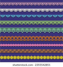 Set of lace strips edging. Cute colorful seamless repeating textile borders, laces fabric tapes. Editable vector file, ribbons retro style, vintage cloth, wedding and scrapbook isolated strips