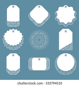 Set lace tags of different forms. For clothing, bedding, women's stuff, holidays, decoration Elegant Design. Vector illustration