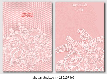 Set of lace template for design invitations and greeting cards. Openwork elegant cloth on pink background. Vector illustration.