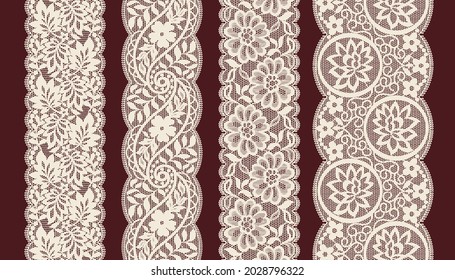 Set Of Lace Trim Vectors. Jacquard Mesh Lace Fabric.