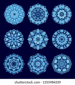 Set of laced blue vector decorative elements, rosettes