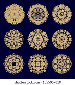Set of laced golden vector decorative elements, rosettes on dark background