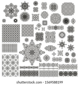 Set of  laced vector border ornaments, decorative elements, rosettes on white background