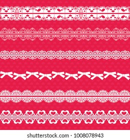 A set of laces. Six white lacy ribbons isolated on a pink background. Vector illustration.