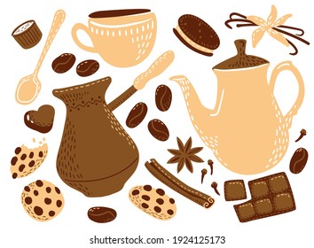 Set, laconic seamless pattern with coffee and spices: teapot, teapot, cup, cinnamon, star anise, chocolate, coffee, grains, cookies, sweets, vanilla, cloves, spoon, turk, cezve. For cafes, coffee shop