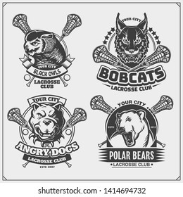 Set of lacrosse badges, labels and design elements. Sport club emblems with polar bear, bobcat, pitbulland owl. Print design for t-shirts.