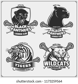 Set of lacrosse emblems, badges, logos and labels with tiger, panther and wildcat. Print design for t-shirt.