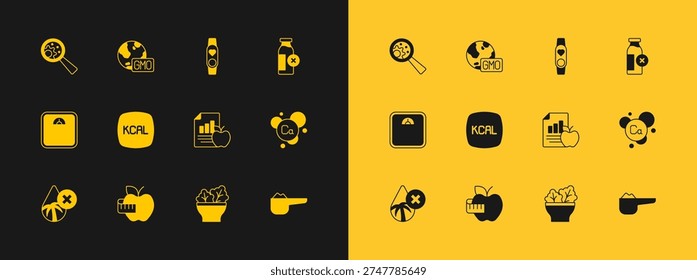 Set Lactose intolerance, Apple and measuring tape, Diet plan, Salad bowl, Kcal, Smart watch with heart, GMO and  icon. Vector