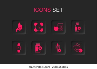Set Lactose intolerance, Magnesium, Human stomach health, Gluten free grain, Intestines, Calorie calculator and Smart watch with heart icon. Vector
