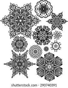 Set of lacy arabesque design. Ornamental circle. Sophisticated snowflakes