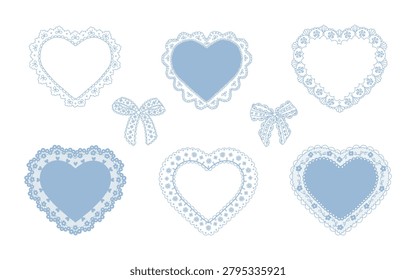 Set of lacy heart frames and charming bows. Shabby chic and grandmillennial vibes. Vintage doily aesthetic borders. Hand drawing elements for greeting cards, event invitations, social media