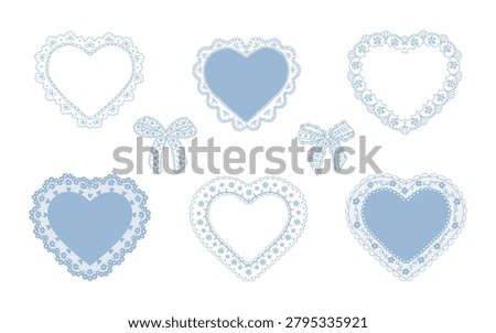 Set of lacy heart frames and charming bows. Shabby chic and grandmillennial vibes. Vintage doily aesthetic borders. Hand drawing elements for greeting cards, event invitations, social media