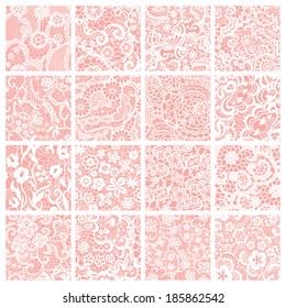 Set of lacy patterns. Lace seamless patterns with flowers on beige background