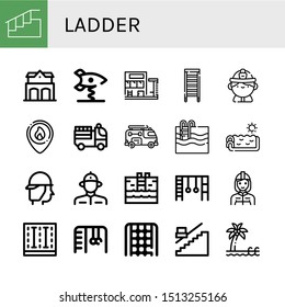 Set of ladder icons such as Stairs, Fire station, Spring swing rocket, Swimming pool, Ladder, Firefighter, Fire truck, Monkey bars, Rope ladder, Stair, Pool ,