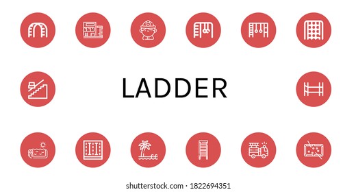 Set of ladder icons. Such as Stairs, Swimming pool, Firefighter, Monkey bars, Rope ladder, Pool, Ladder, Fire truck, Stair, Scaffolding , icons