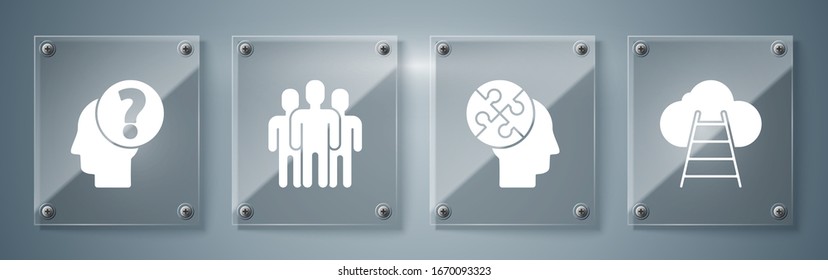 Establecer Ladder que conduce a la nube, la cabeza humana rompe la estrategia, el grupo Usuarios y la cabeza humana con signo de interrogación. Paneles de vidrio cuadrado. Vector