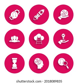 Set Ladder leading to cloud, Human head puzzles strategy, Magnifying glass for search people, Light bulb hand, Old hourglass with flowing sand, Users group, Piece of and gear inside icon. Vector