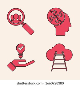 Set Ladder leading to cloud, Magnifying glass for search a people, Human head puzzles strategy and Light bulb in hand icon. Vector