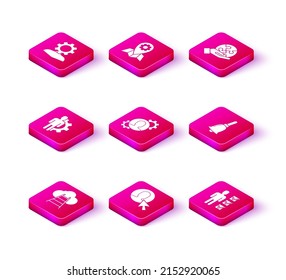 Set Ladder leading to cloud, User of man business suit, Human with gear inside, Ringing bell, Piece puzzle hand and Location job icon. Vector