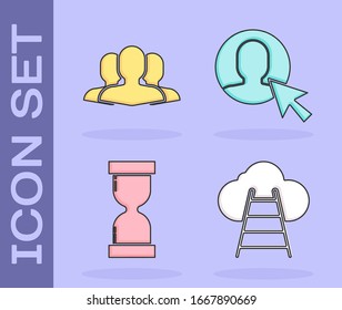 Set Ladder leading to cloud, Users group, Old hourglass with flowing sand and User of man in business suit icon. Vector