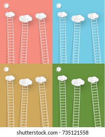 Set of ladders reaching up, against the clouds. Paper art style, on colorful color backgrounds. Vector illustration.