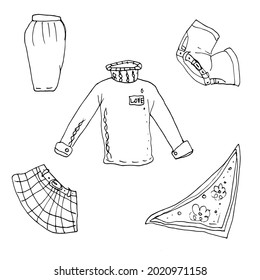 Set of Ladies Clothing in Doodle style. Vector stock illustration.
