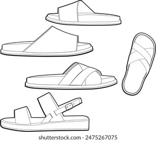 A set of ladies fashion footbed sandals line drawing, comfort sandals vector, fashion sandals illustration, ladies footwear women's shoes footwear design 