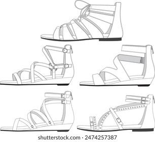 A set of ladies fashion sandals vector illustration, fashion sandals drawing technical drawing. line drawing of ladies sandals. fashion shoes, footwear design 