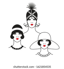 a set of ladies ' hats from the 20s of the last century. black and white linear pattern with a bright red accent on the lips. can be used as three icons. vector illustration. EPS 10.
