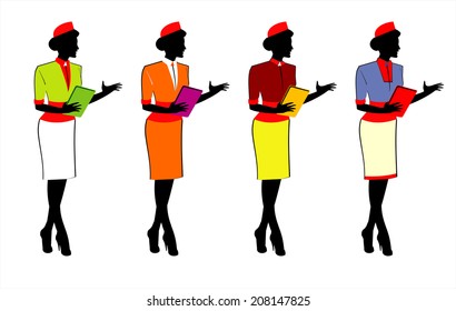 a set of Ladies holding a note or a tablet pc in various uniform. Elegant Waitress. Stewardess.