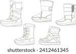 A set of ladies ski boots vector drawing illustration 