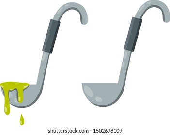 Set of ladles. A large metal spoon with a yellow liquid. Green drops. Food preparation. Element of kitchen and tableware. Cartoon flat illustration