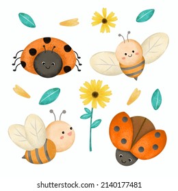 Set Of Lady Bug And Cute Bee With Flower, Cartoon Animal Element Drawing In Water Color For Graphic Designer, Flat Design Vector Illustration