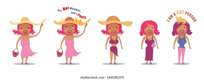 Set of lady dogs, cat lying on head of hipster doggy girl with text, a cat person, fashion, dress for beach, isolated on white background. human character in animal body, vector illustration.