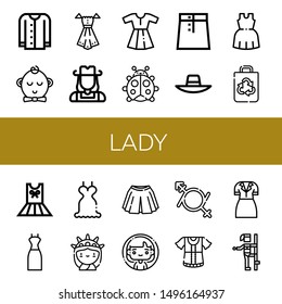 Set of lady icons such as Cardigan, Boy, Dress, Cowgirl, Ladybug, Skirt, Sunhat, Recycled bag, Statue of liberty, Woman, Gender fluid, Pole dance , lady
