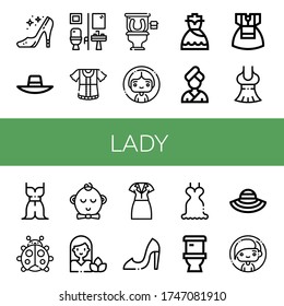 Set of lady icons. Such as High heels, Sunhat, Restroom, Dress, Woman, Ladybug, Boy, Toilet, Sun hat , lady icons