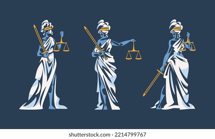 Set of Lady Justice sculpture. Themis, goddess of order and justic with scales and sword vector illustration